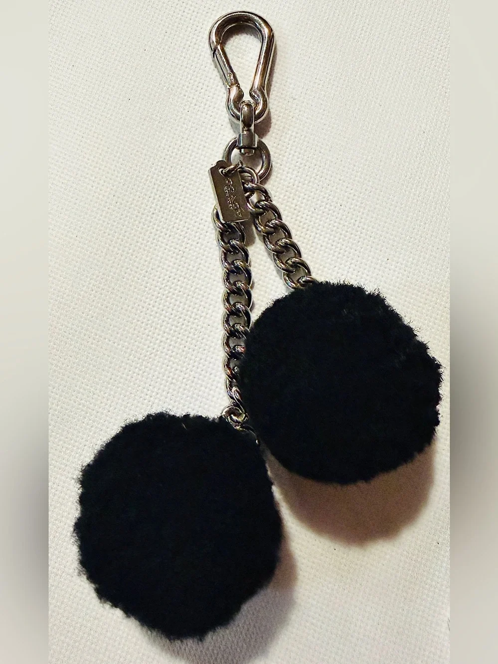 Coach Black Double Pom Pom Keychain with Silver Hardware